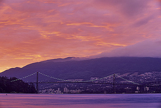 吊桥,光亮,黄昏,狮子,史坦利公园,温哥华,不列颠哥伦比亚省,加拿大