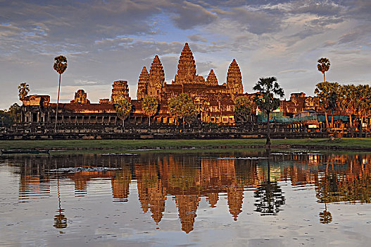 柬埔寨,收获,吴哥窟,庙宇,日落,天空
