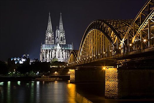 桥,科隆大教堂,夜晚