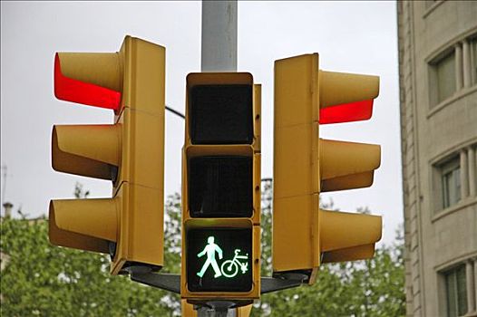 红绿灯,绿灯,行人,骑车,红灯,街道,交通,巴塞罗那,加泰罗尼亚,西班牙