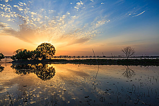 落日,夕阳,湖面,彩霞,倒影,美景,风光