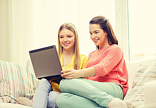 友谊,科技,互联网,概念,两个,微笑,少女,笔记本电脑,在家