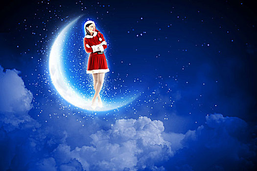 照片,圣诞老人,女孩,站立,光泽,月亮,高处,冬日树林