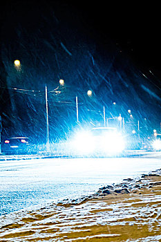 汽车,雪中,夜晚