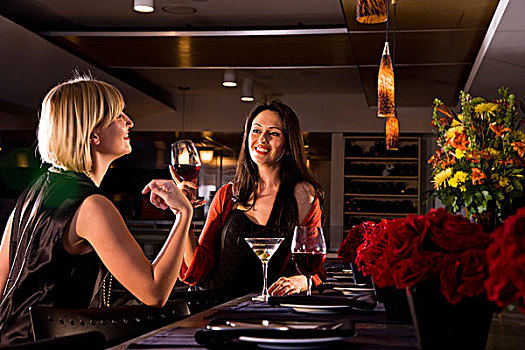两个,女青年,坐,餐馆,红酒