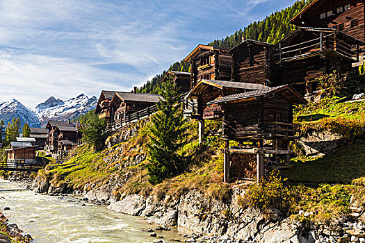 老,乡村,木质,建筑,河,瓦莱,瑞士