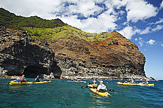 夏威夷,考艾岛,纳帕利海岸,漂流者,划船,海岸线,悬崖,远景,使用,只有