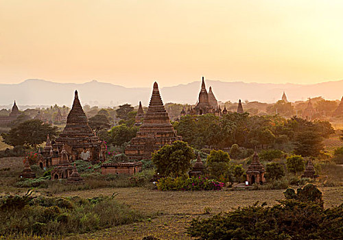 庙宇,日落,蒲甘,缅甸