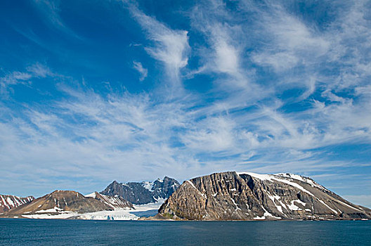 挪威,斯瓦尔巴群岛,斯匹次卑尔根岛,卷云,漩涡,上方,景色,风景,冰河,崎岖,山