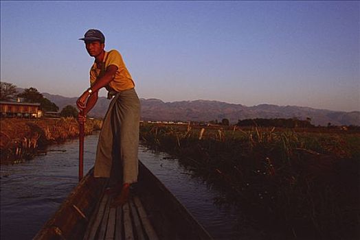 缅甸,茵莱湖,船夫,衣服,操纵,独木舟,死水