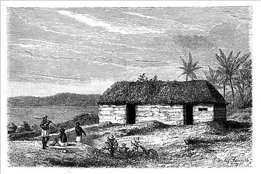 小屋,边缘,坦噶尼喀湖,刚果,19世纪,艺术家