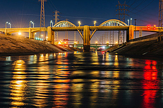 远景,洛杉矶,河,立交桥,光亮,夜晚,加利福尼亚,美国