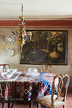 18世纪,威尼斯,吊灯,上方,餐桌,遮盖,大,17世纪,绘画,墙壁,餐厅