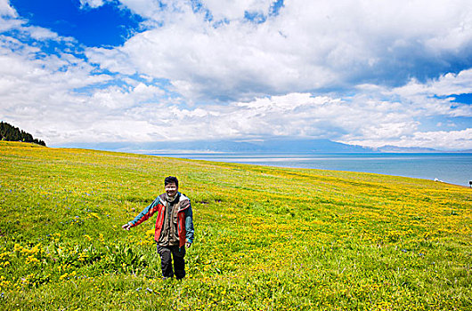 新疆,湖泊,旅游,草地,野花