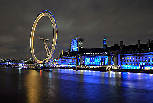 伦敦眼,泰晤士河,光亮,伦敦,水族箱,夜晚,英格兰,英国,欧洲