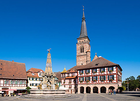 喷泉,市政厅,教堂,中间,弗兰克尼亚,巴伐利亚,德国,欧洲