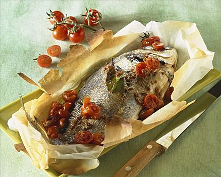 海鲷,西红柿,烹饪,羊皮纸