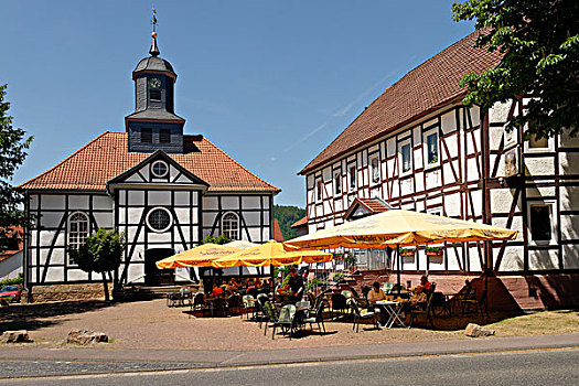 城镇中心,半木结构房屋,教堂,黑森州,德国