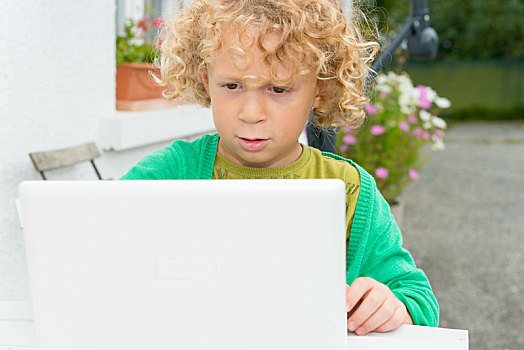 头像,小,金发,男孩,笔记本电脑
