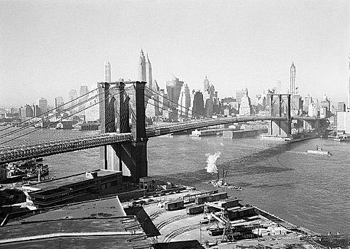 美国,纽约,布鲁克林大桥,下曼哈顿,天际线,背景