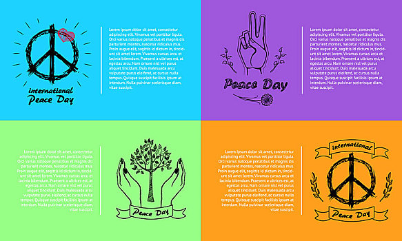 国际,平和,白天,矢量,插画,四个,休假,象征,太平洋,手势,橄榄枝,文字