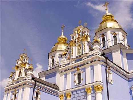 乌克兰,基辅,金色,圆顶,寺院,阳光,壁画,蓝天,2004年