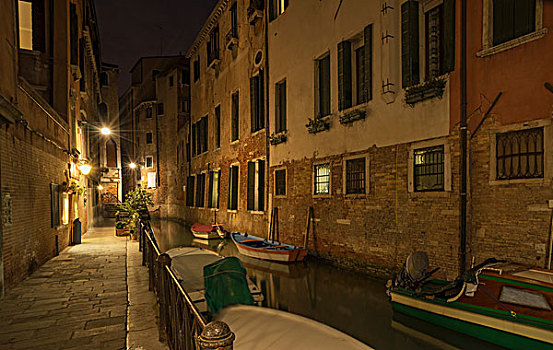船,运河,夜晚,威尼斯,威尼托,意大利