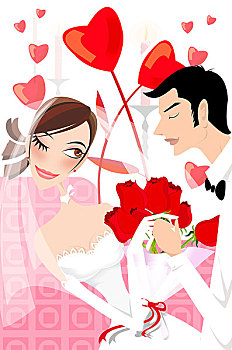 时尚插画,结婚,幸福,红玫瑰,红心,白色婚沙,白色礼服,新郎,新娘