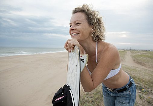 女人,风筝冲浪板,远眺,海滩