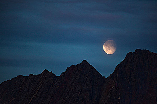月亮,上升,上方,剪影,山峦,西格陵兰,八月,2009年