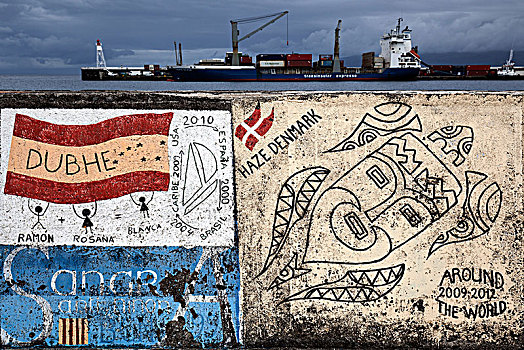 港口,墙壁,涂绘,水手,码头,岛屿,法亚尔,亚速尔群岛,葡萄牙,欧洲