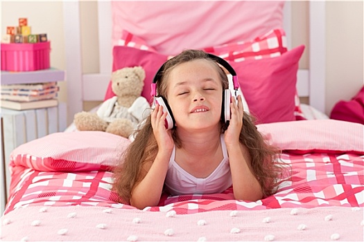 可爱,女孩,听,音乐,耳机