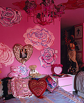 鲜明,粉色,女性,卧室,大,玫瑰,涂绘,墙壁,天花板