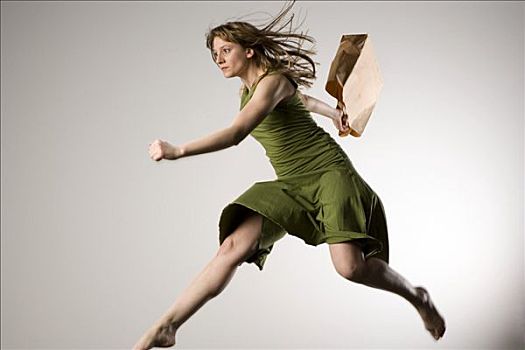 女青年,跳跃,空中,纸袋,购物