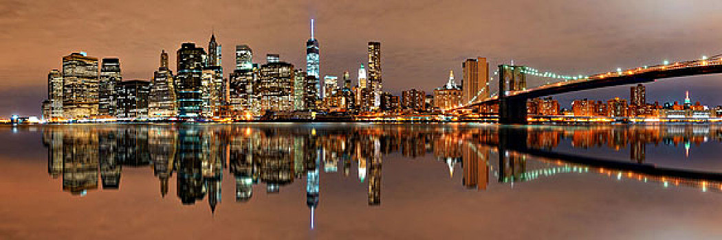 曼哈顿,市区,市景,布鲁克林大桥,夜晚,反射