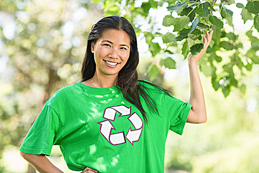 女人,绿色,再循环,t恤,接触,叶子,公园