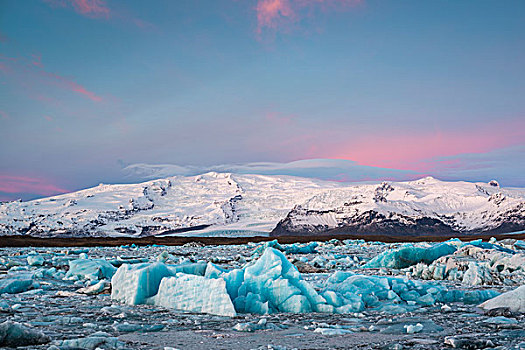 日出,冬天,杰古沙龙湖,结冰,泻湖,东南部,冰岛