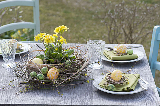 复活节餐桌,装饰,花环,细枝,草,黄色,樱草花