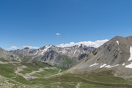 中国新疆夏季蓝天白云下g217独库公路沿途雪山草地
