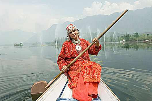 女人,肖像,划船,斯利那加,查谟-克什米尔邦,印度