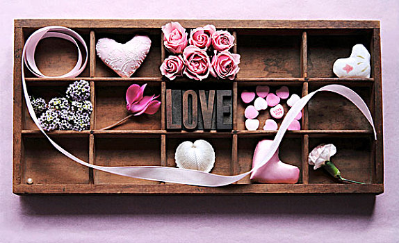 木盒,心形,花,文字,喜爱