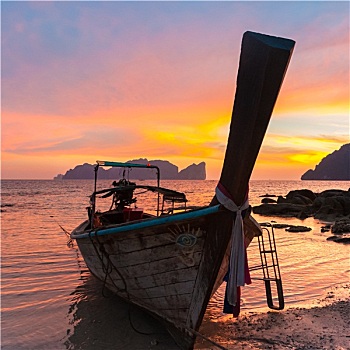 传统,木质,船,海滩,日落,泰国
