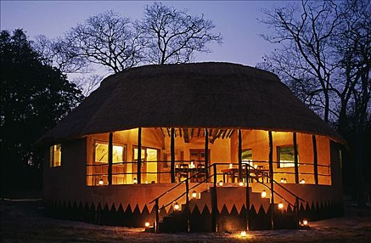 赞比亚,国家公园,住宿,新,就餐,休闲,小屋,光亮,晚上
