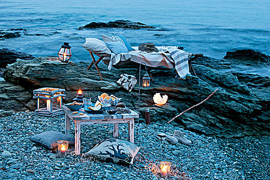 蜡烛,灯笼,躺椅,垫子,浪漫,野餐,海洋