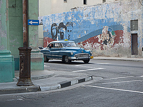 美洲,旧式,汽车,驾驶,墙壁,格瓦拉,哈瓦那,古巴,拉丁美洲