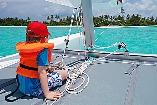 马尔代夫,环礁,岛屿,男孩,帆,双体船
