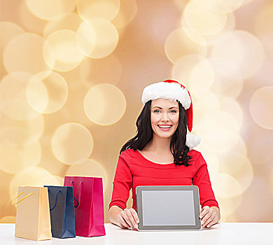 圣诞节,科技,人,概念,微笑,女人,圣诞老人,帽子,购物袋,平板电脑,电脑,上方,米色,背景