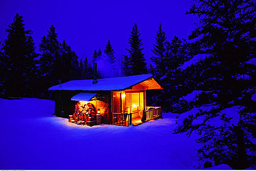 积雪,小屋,冬天,夜晚