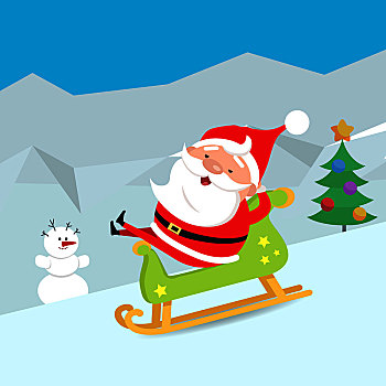 卡通,圣诞老人,骑,木质,绿色,雪撬,雪人,圣诞树,装饰,不同,蝴蝶结,玩具,舒适,坐,雪橇,设计,山,遮盖,雪,矢量,冬天
