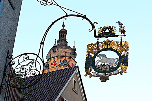 酒馆,标识,塔,教堂,霍亨洛埃,德国,巴登符腾堡,欧洲
